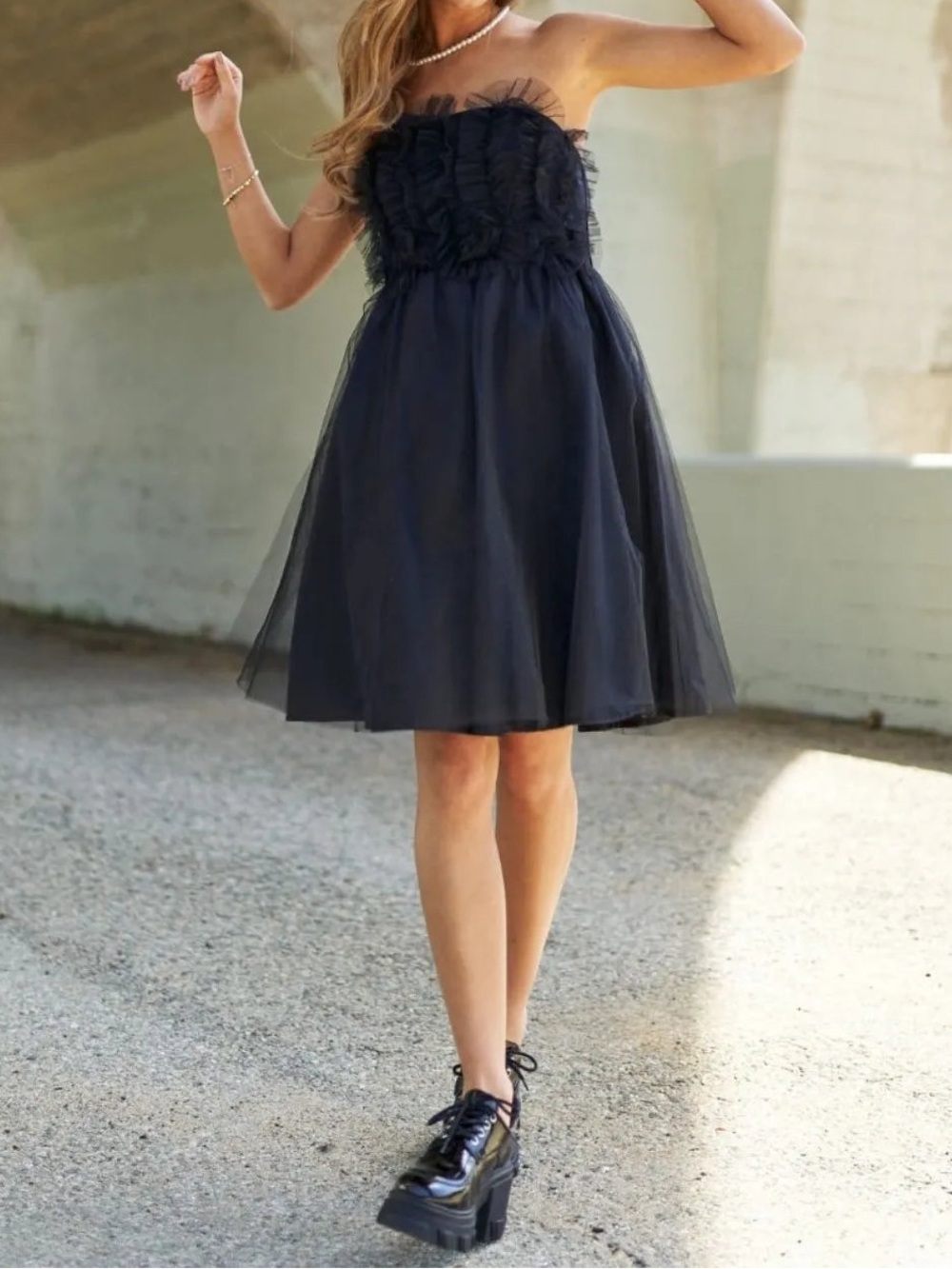 Strapless Black Tulle Mini Dress